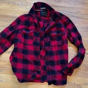 Denim and Flower Red Black Plaid Button-Up Shirt, size medium